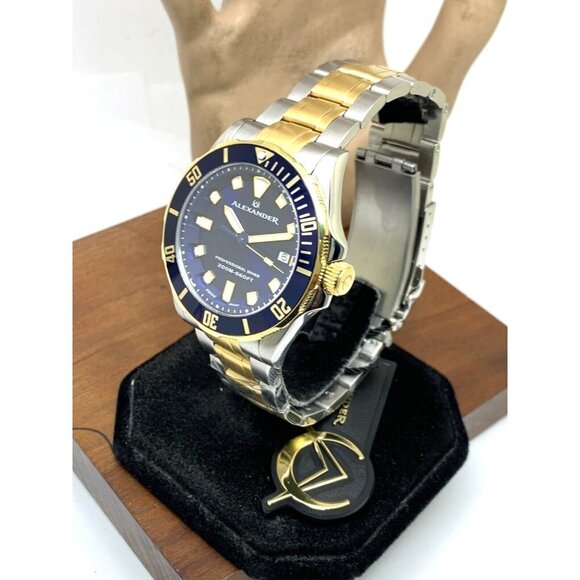 Alexander Men's Watch A501B Swiss Quartz Diver Blue Dial Two Tone Steel 42mm - Picture 2 of 15